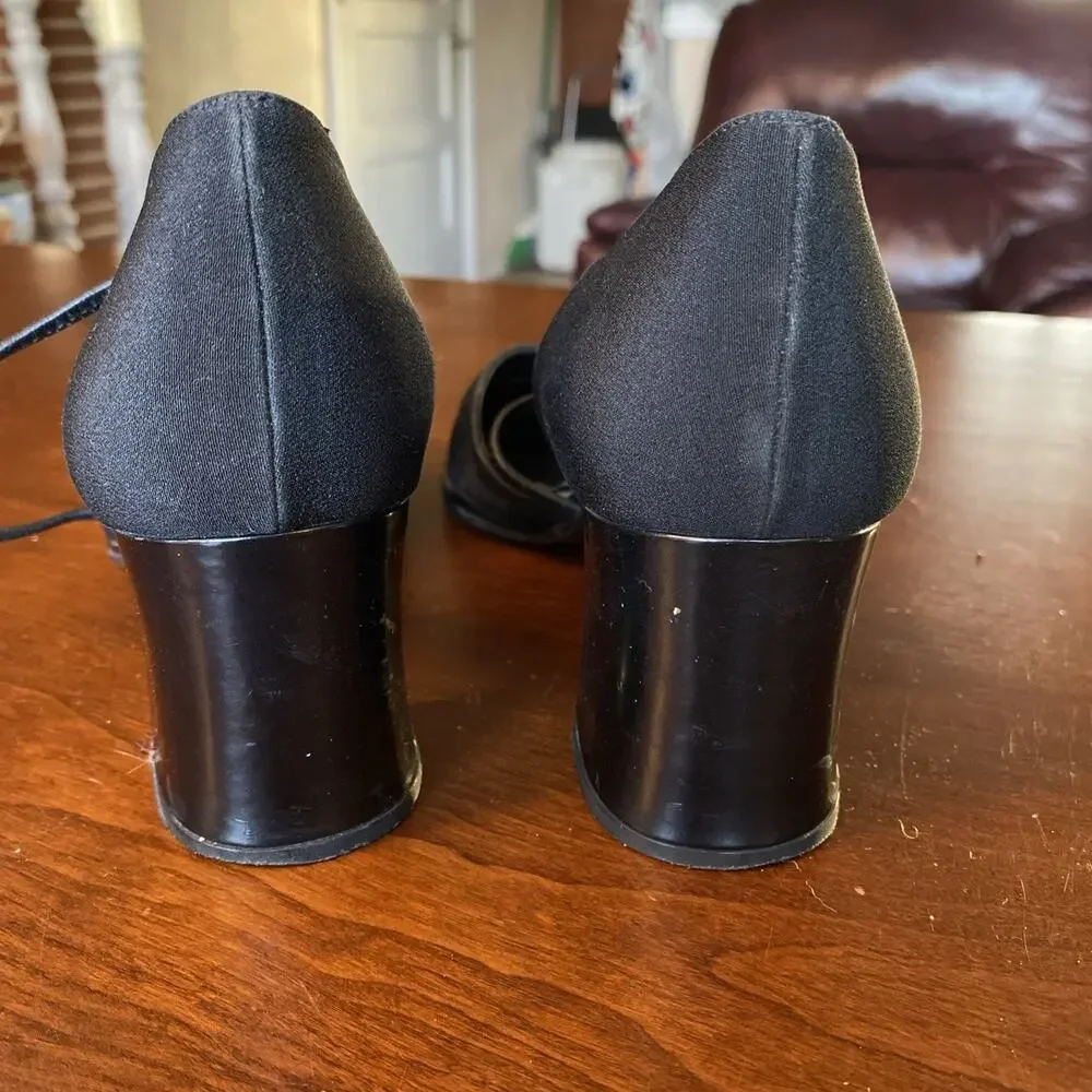 Stuart Weitzman 9 Black Heel Fabric Criss-Cross Strap Block 2W01994 Shoes VGC